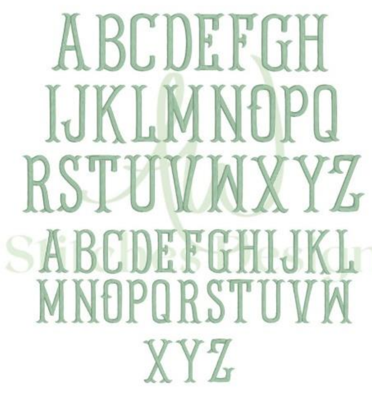 Fishtail embroidery font — bold block letters with distinctive flared tails and serifs