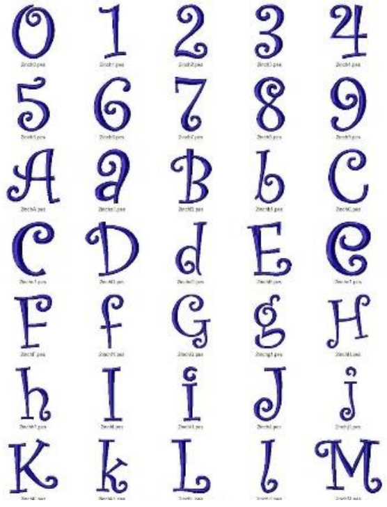 Curlz embroidery font — playful alphabet with curled terminals and whimsical styling