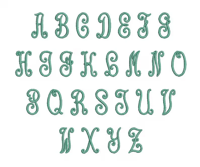 Pillow font — ornate teal embroidery alphabet with decorative curls on every capital letter