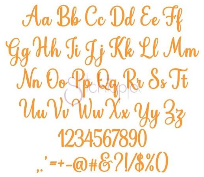 Golden Valley embroidery font — elegant flowing script alphabet in warm gold tones