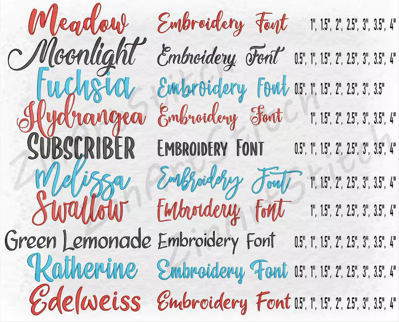 10 popular embroidery fonts: Meadow, Moonlight, Fuchsia, Hydrangea, Subscriber, Melissa, Swallow, Green Lemonade, Katherine, Edelweiss — shown in red, black, and blue