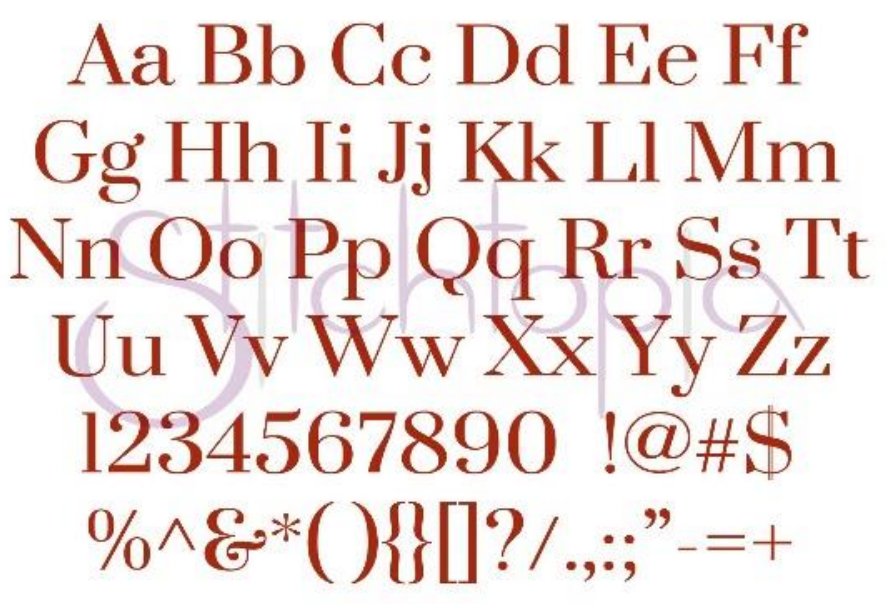 Classic embroidery font — clean, evenly-weighted serif letters suitable for all items