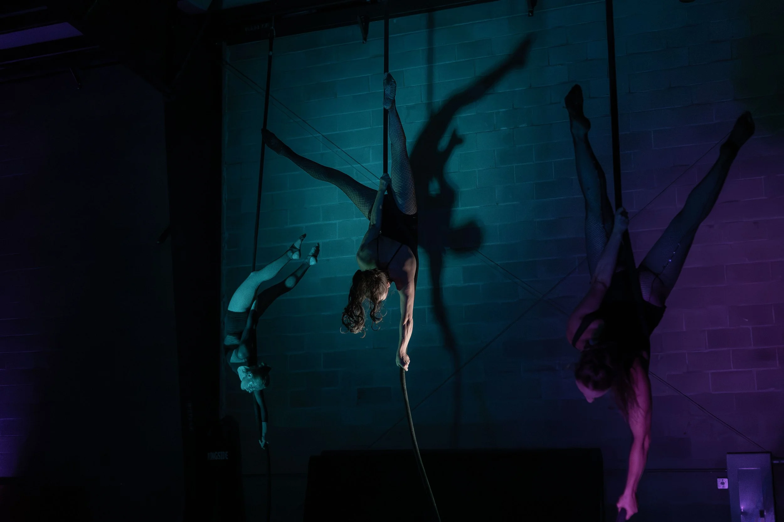 Aerialist hanging upside down in a rope wrap under teal stage light