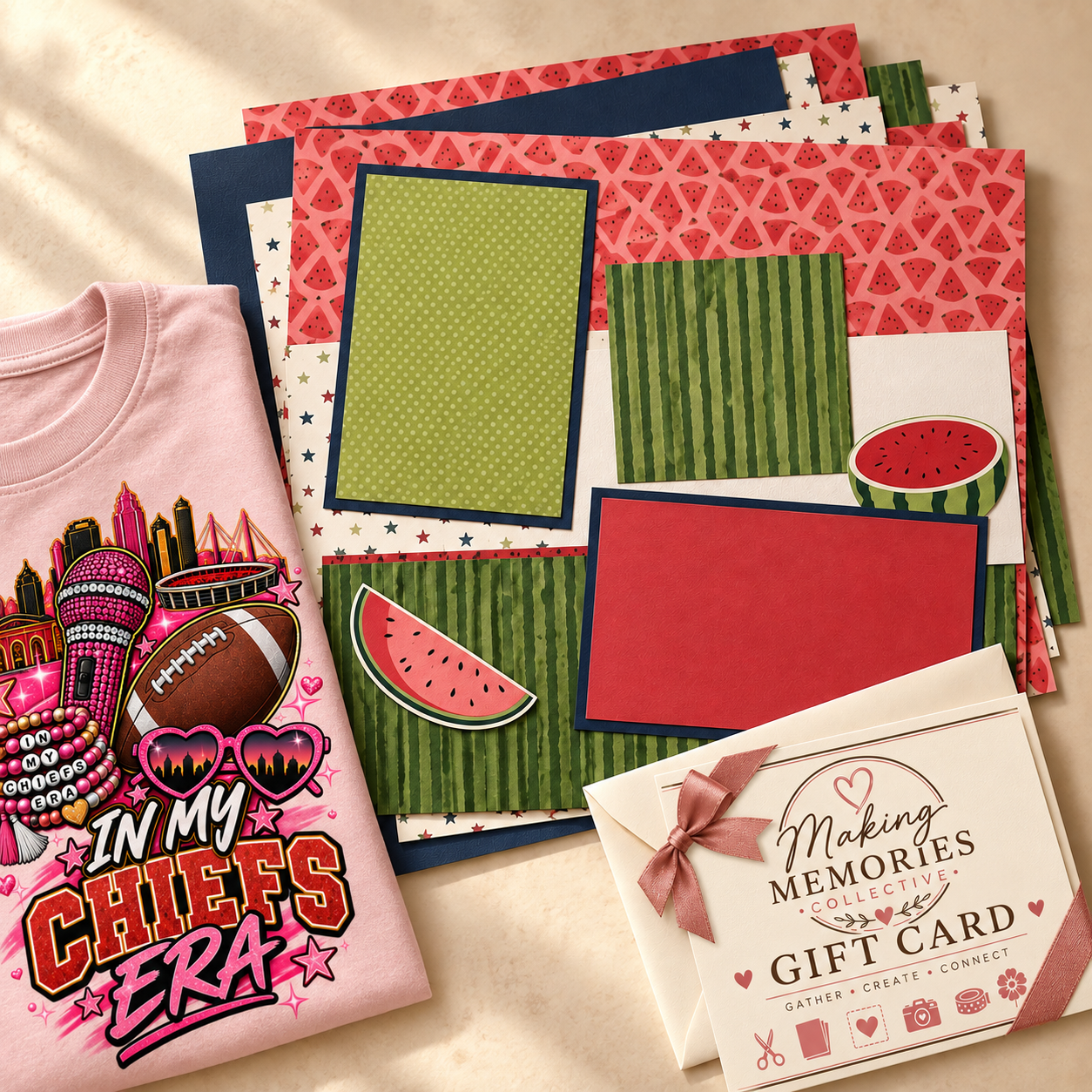 Scrapbook page kit, pink T-shirt, and Making Memories Collective gift card