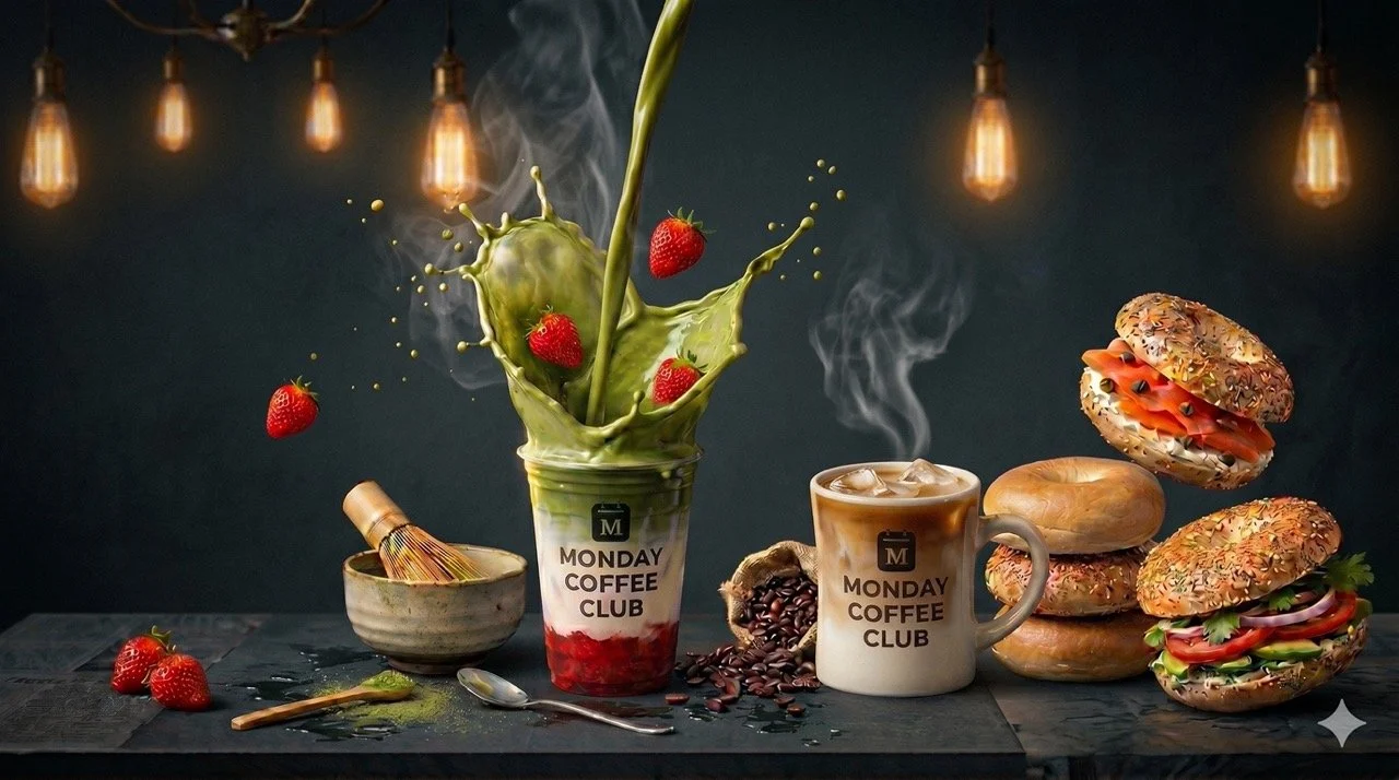 Monday Coffee Club strawberry matcha drink with dramatic splash, branded cups, fresh bagels and Edison bulb bokeh lighting — Dearborn MI specialty coffee