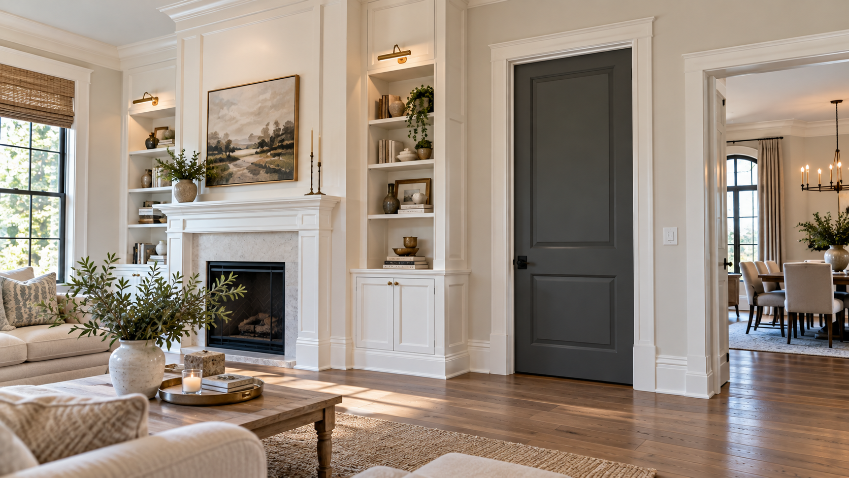 Luxurious North Georgia hallway with smooth painted paneled doors, white baseboards, and elegant architectural molding
