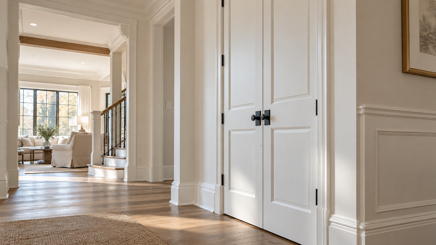 Elegant North Georgia interior featuring freshly painted white baseboards, detailed trim, and paneled doors