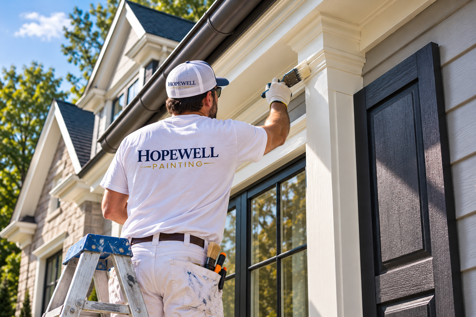 Professional painter carefully preparing and finishing architectural trim on a luxury North Georgia home