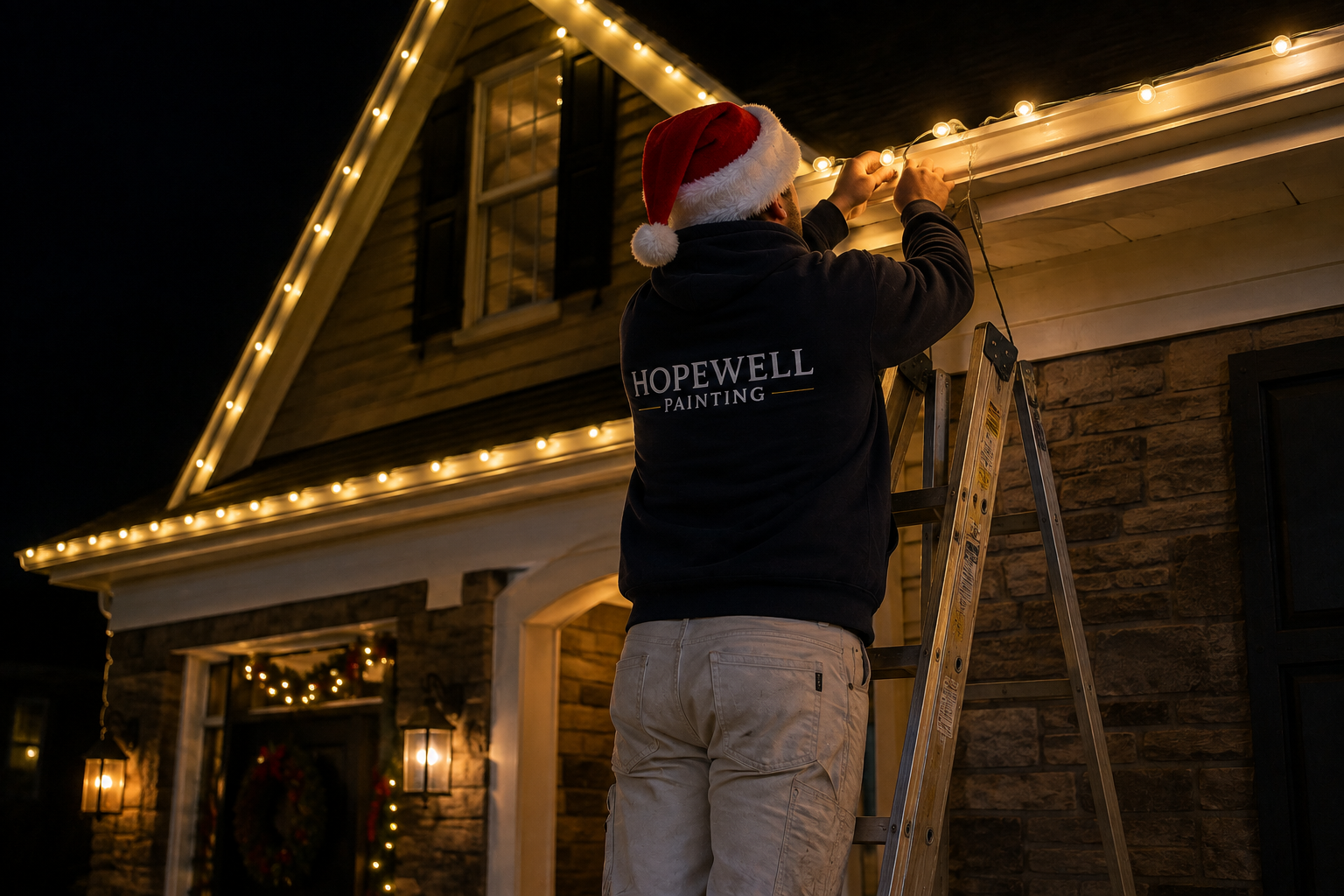 Upscale North Georgia home illuminated with coordinated warm white Christmas roofline lighting at dusk