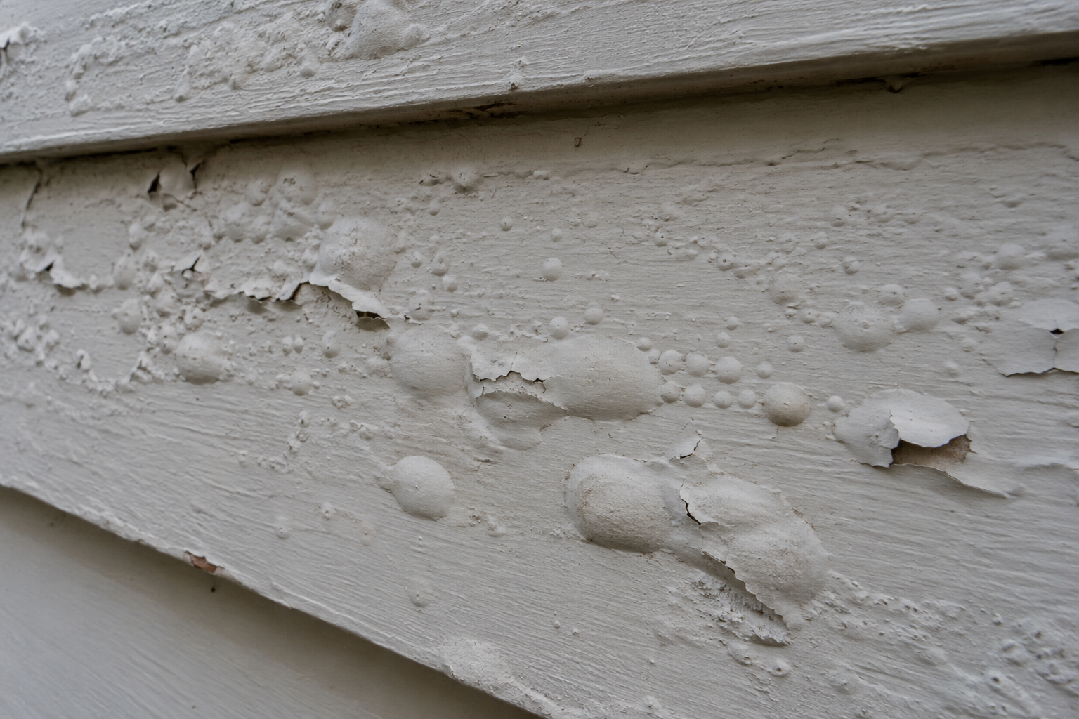 Close-up of bubbling and blistering exterior paint on residential siding