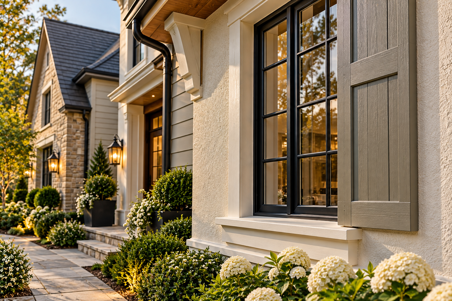 Close-up of professionally prepared exterior siding and freshly painted window trim