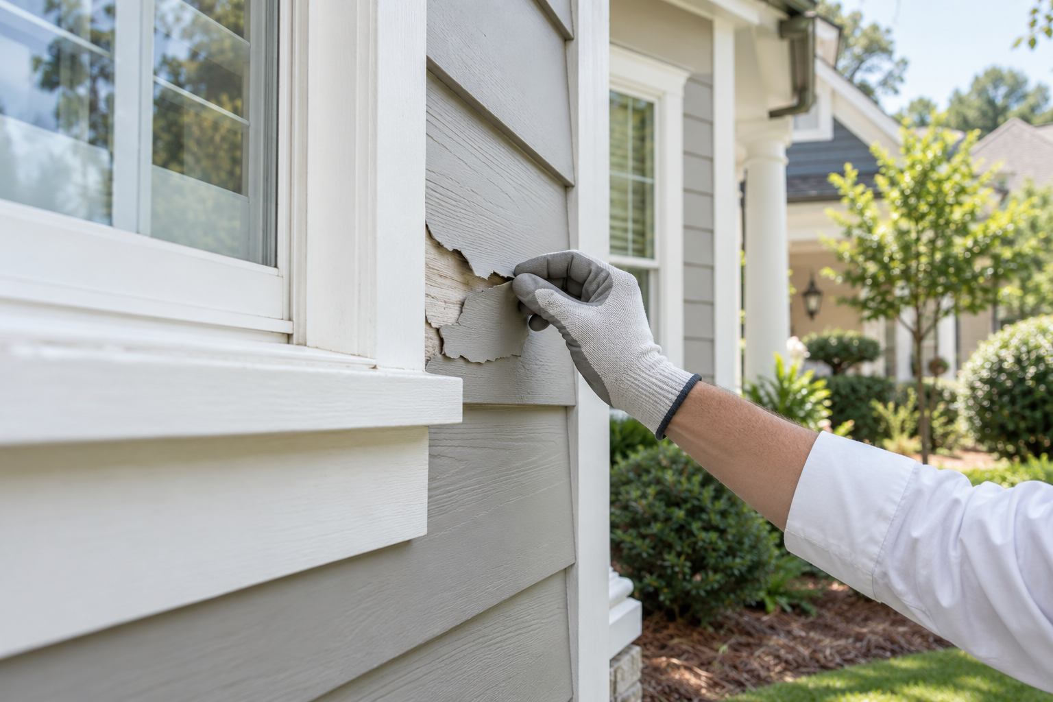 Peeling exterior paint being professionally inspected on a North Georgia home