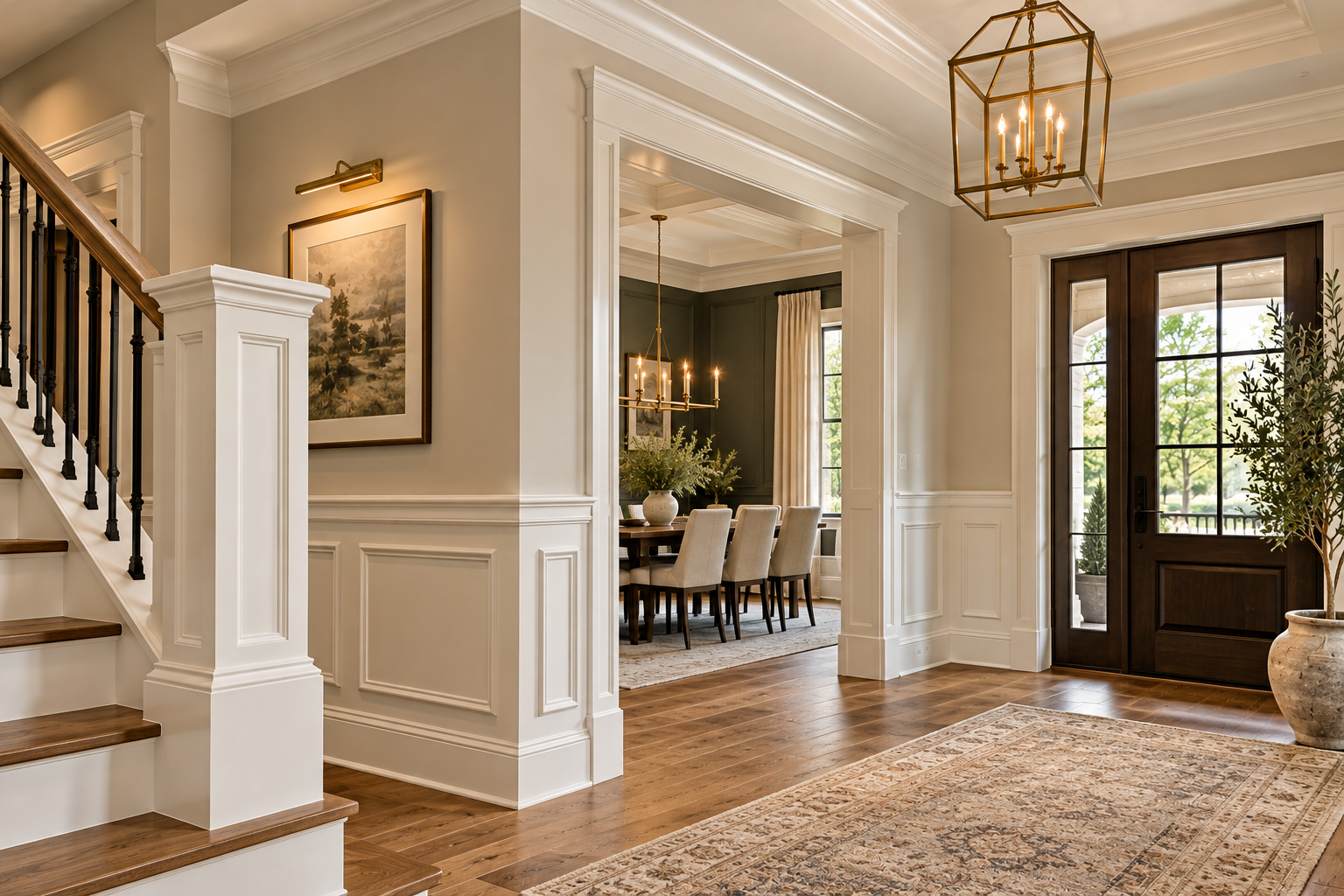 Elegant painted interior trim, crown molding, and wall paneling with coordinated paint sheens