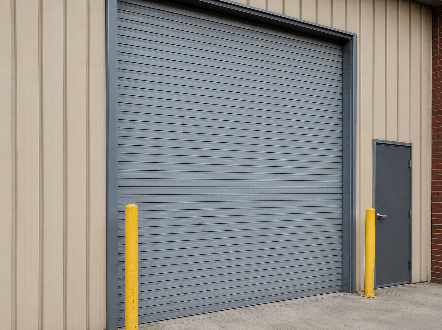 Warehouse garage doors before commercial color-change repaint in Sandy Springs, Georgia