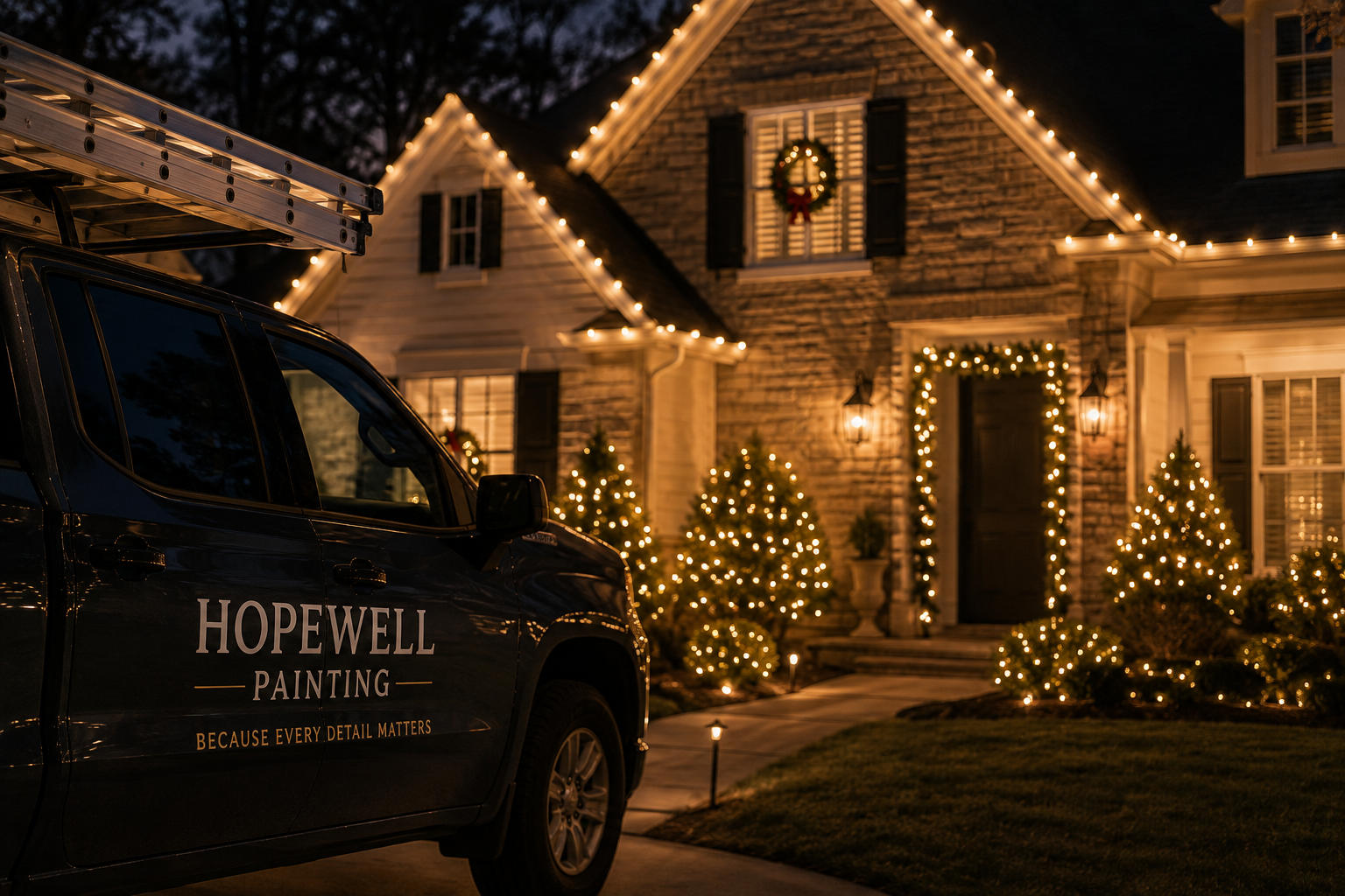 Elegant Christmas entry with illuminated garland and a festive wreath