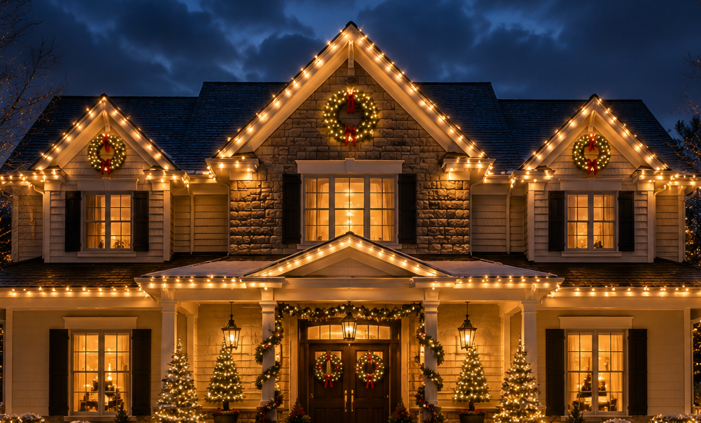 Elegant North Georgia home decorated with warm white professional Christmas lights along the roofline