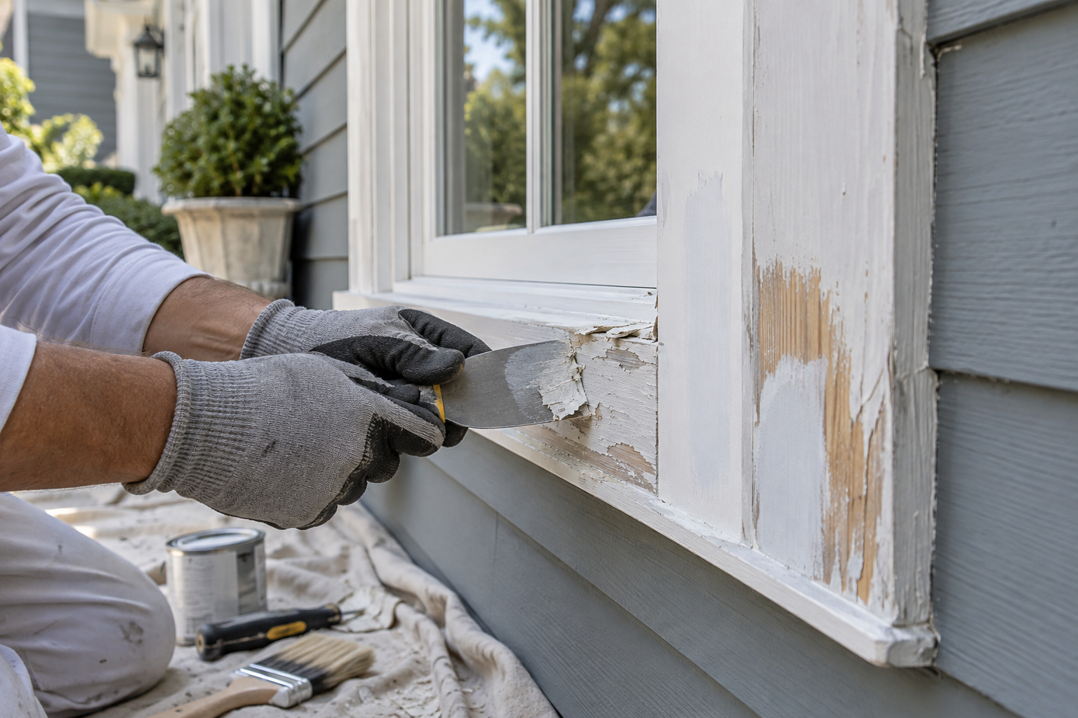 Professional preparation of peeling exterior trim before repainting