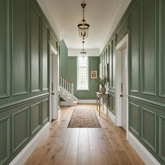 Elegant color drenched living room with warm neutral walls and matching architectural trim