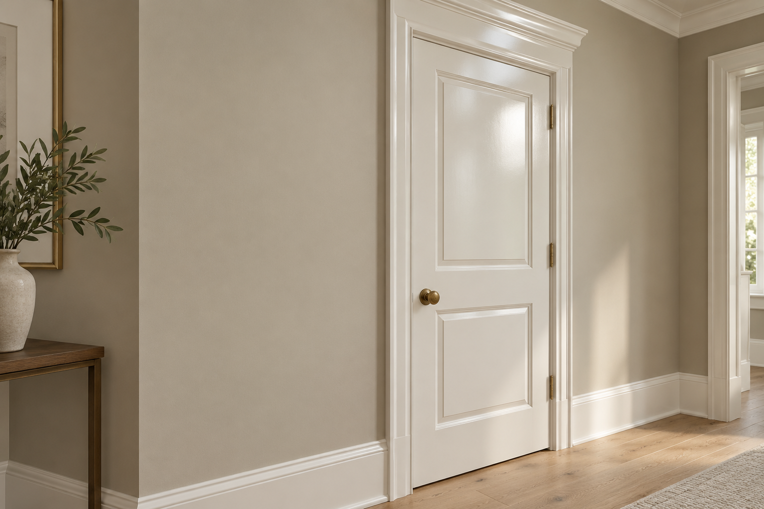 Smooth professionally painted interior wall with crisp semi-gloss trim