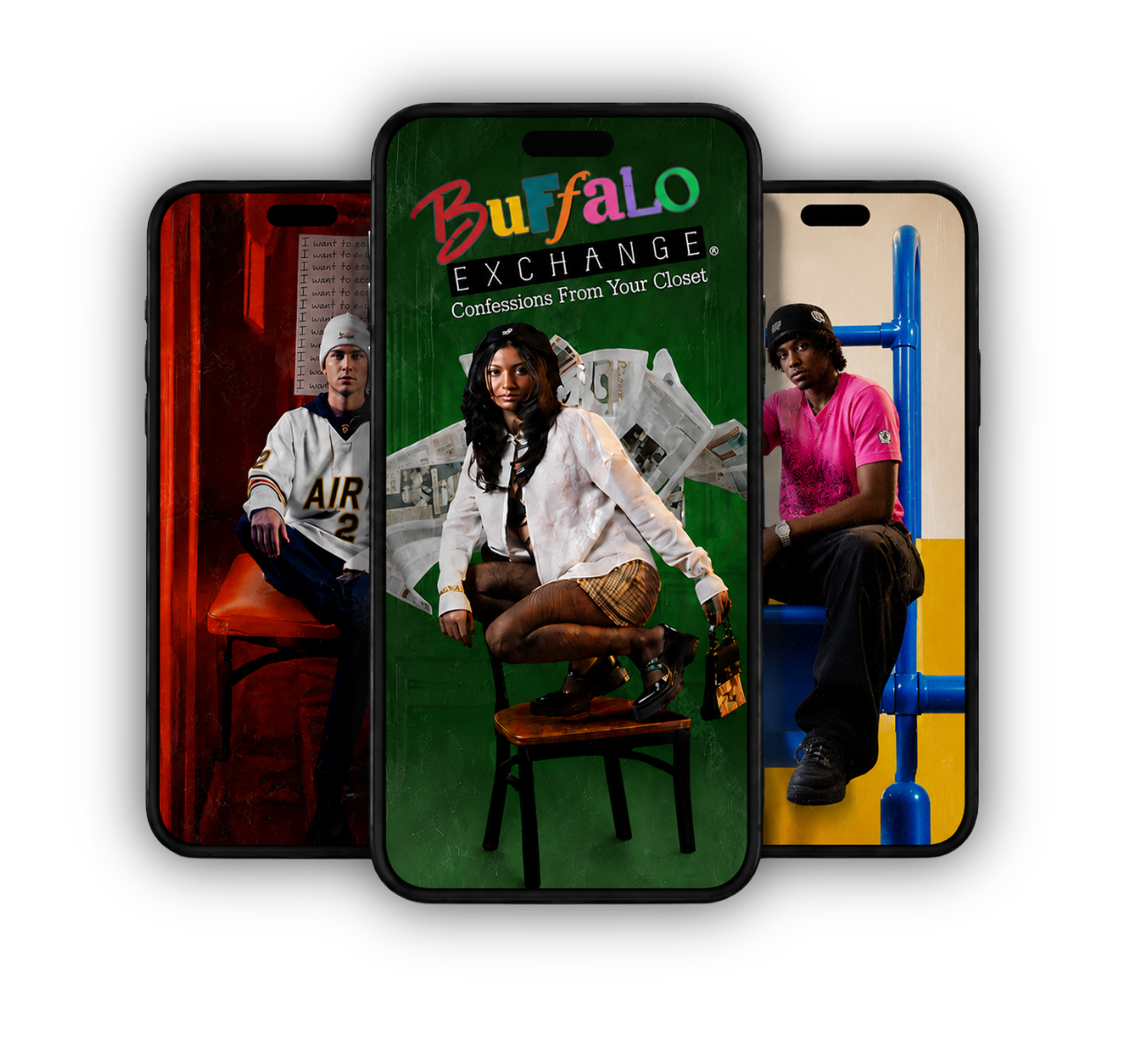 Three Buffalo Exchange campaign phone designs