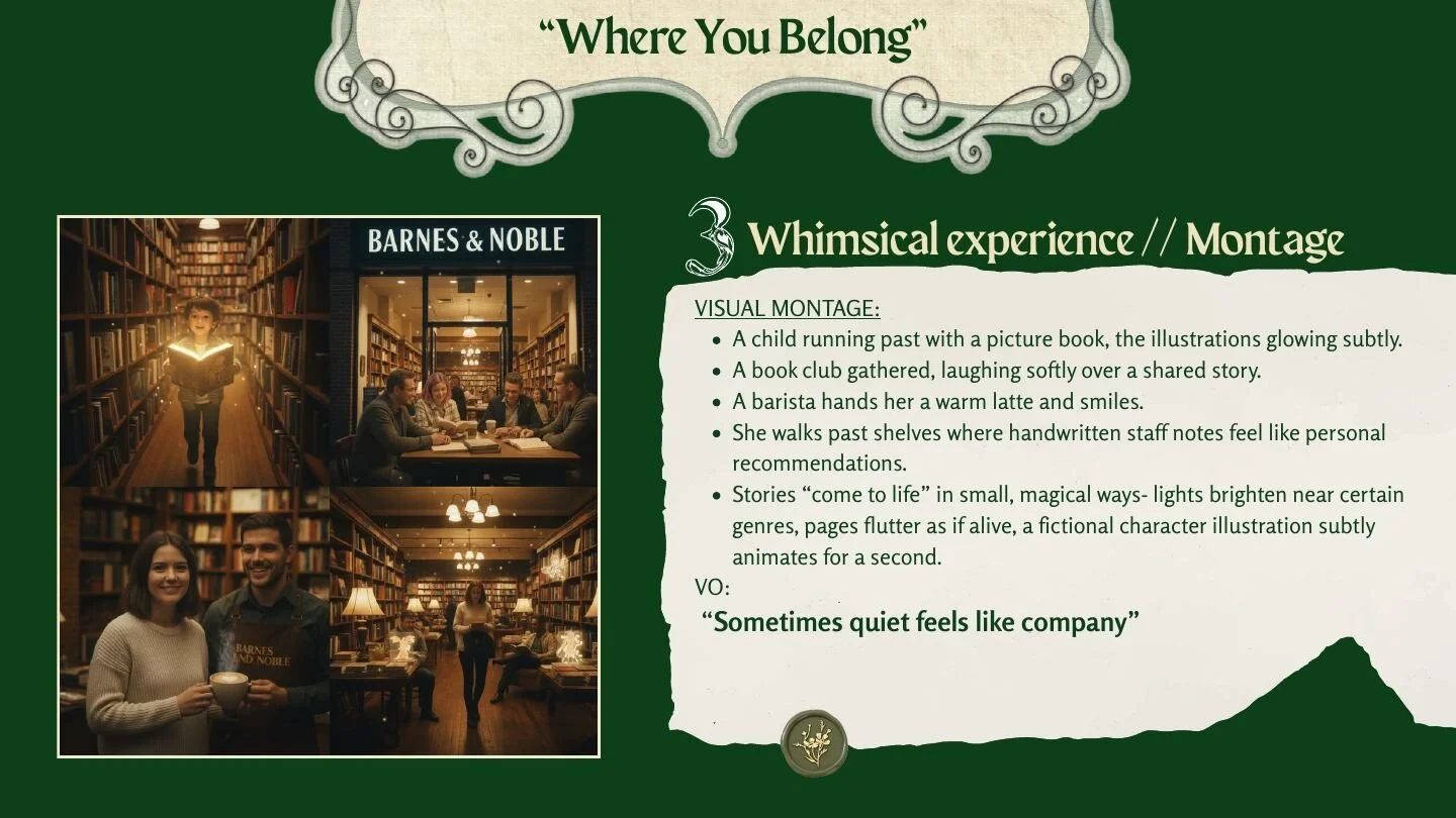 Where You Belong storyboard: whimsical bookstore experience