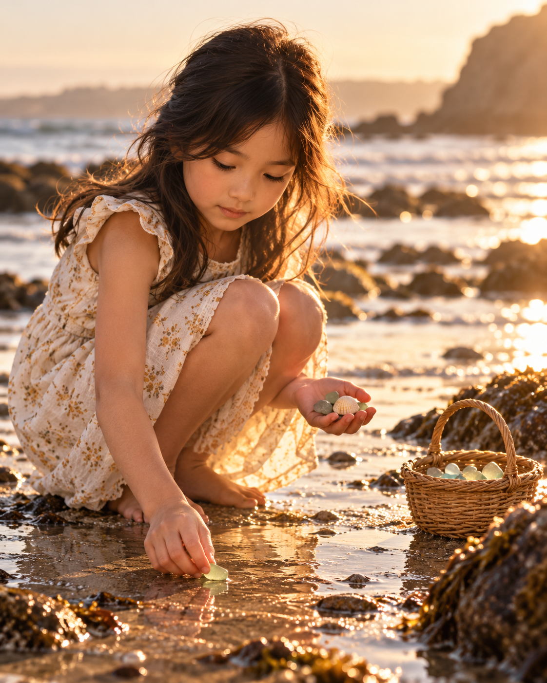 Fictional child collecting sea glass on the shore