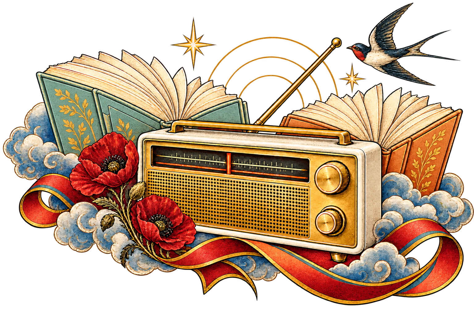 Vintage gold radio with open teal and apricot books, blue clouds, red poppies and a swallow