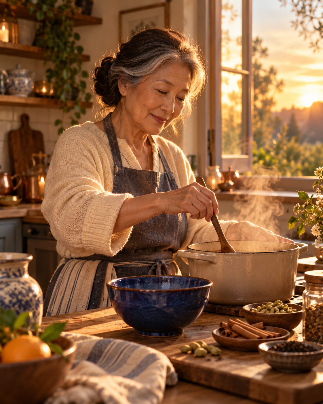 Fictional older woman cooking in kitchen with blue bowl