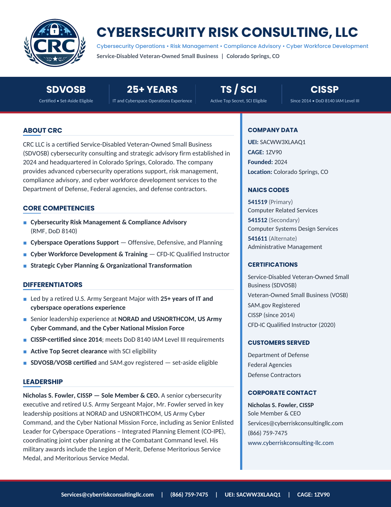 Preview of the Cybersecurity Risk Consulting, LLC capability statement