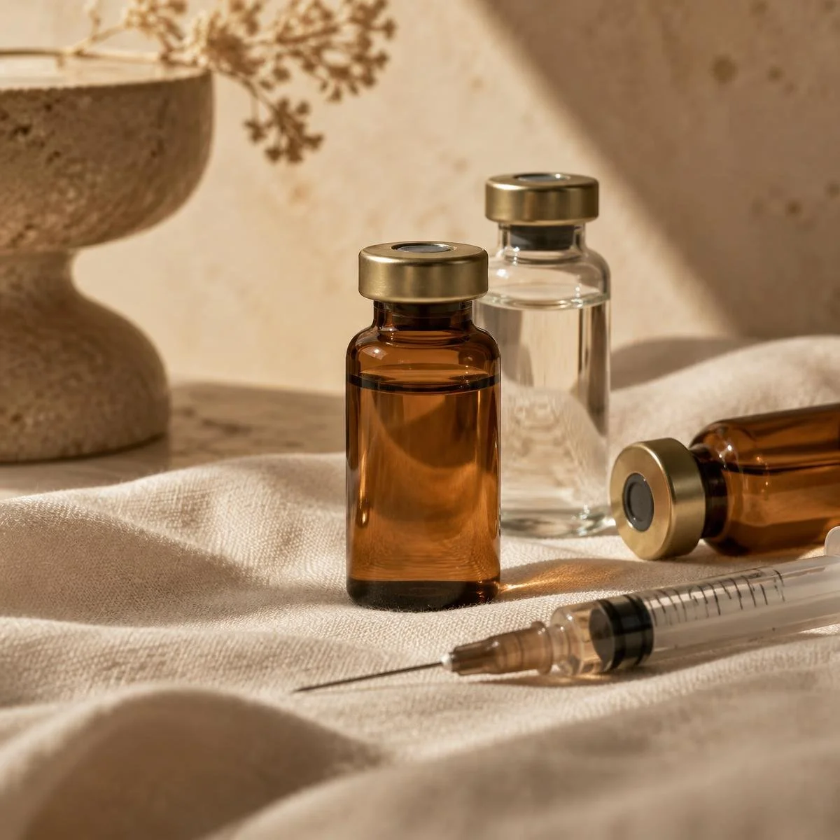 Clinical-grade vitamin vials and syringe