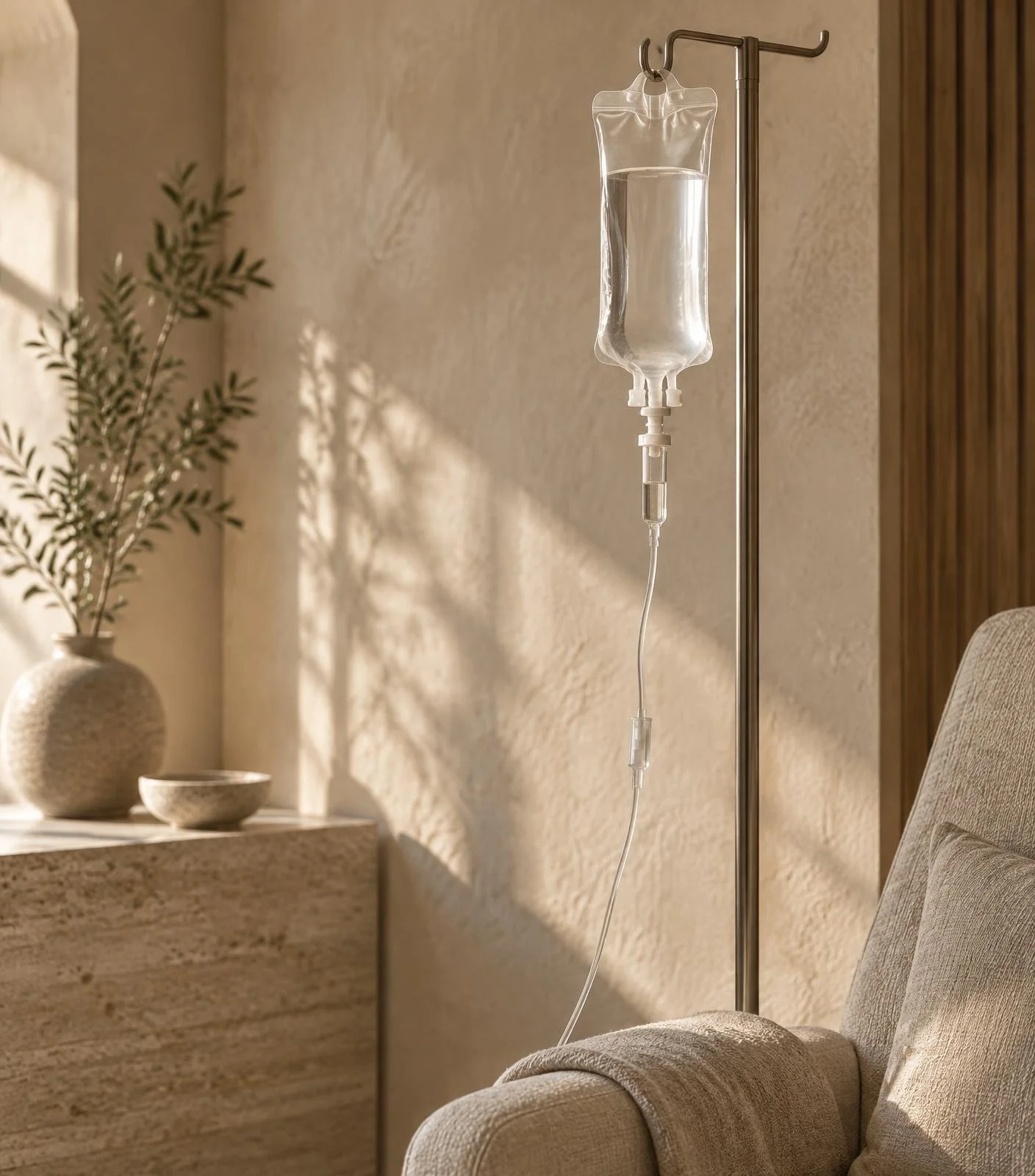IV infusion drip in a calm, warm treatment room