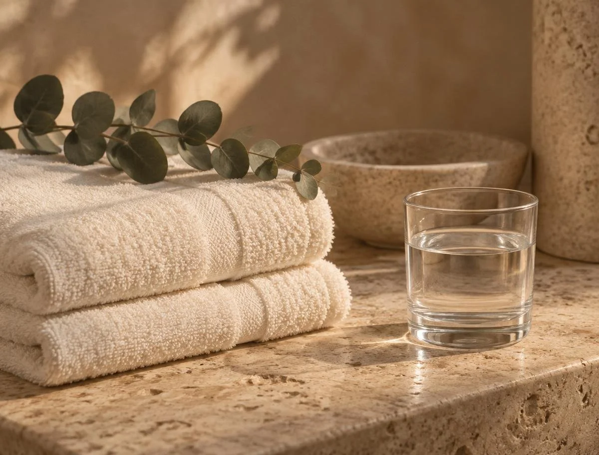 Calm treatment space with towels and water