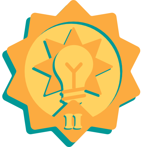A gold medallion with the Roman numeral for 2 and a glowing lightbulb.