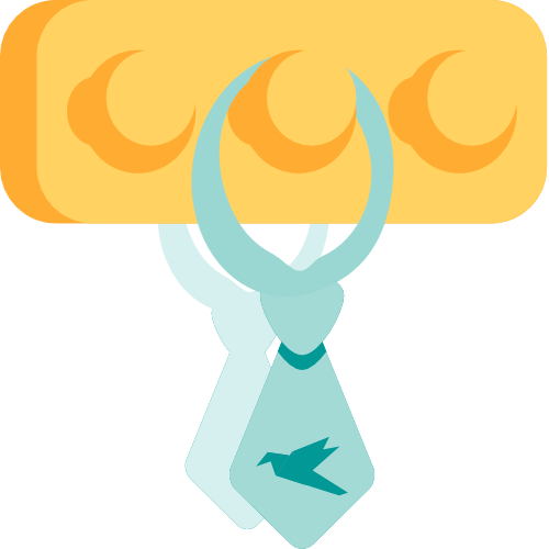 A necktie with the Yipiyap logo, hung-up on a rack.