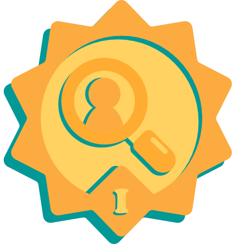 A gold medallion with the Roman numeral for 1 and a magnifying glass focussed on a person.