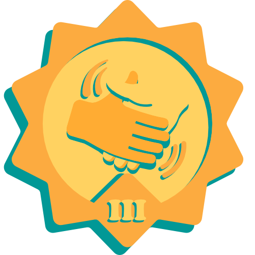 A gold medallion with the Roman numeral for 3 and a handshake.