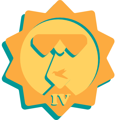 A gold medallion with the Roman numeral for 4 and a necktie.