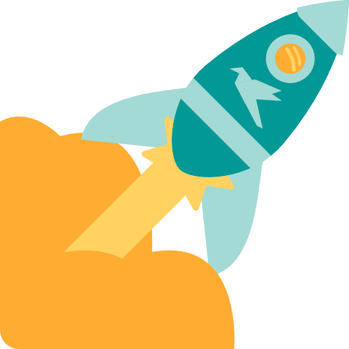 A rocketship emblazoned with the Yipiyap logo, mid blast-off.