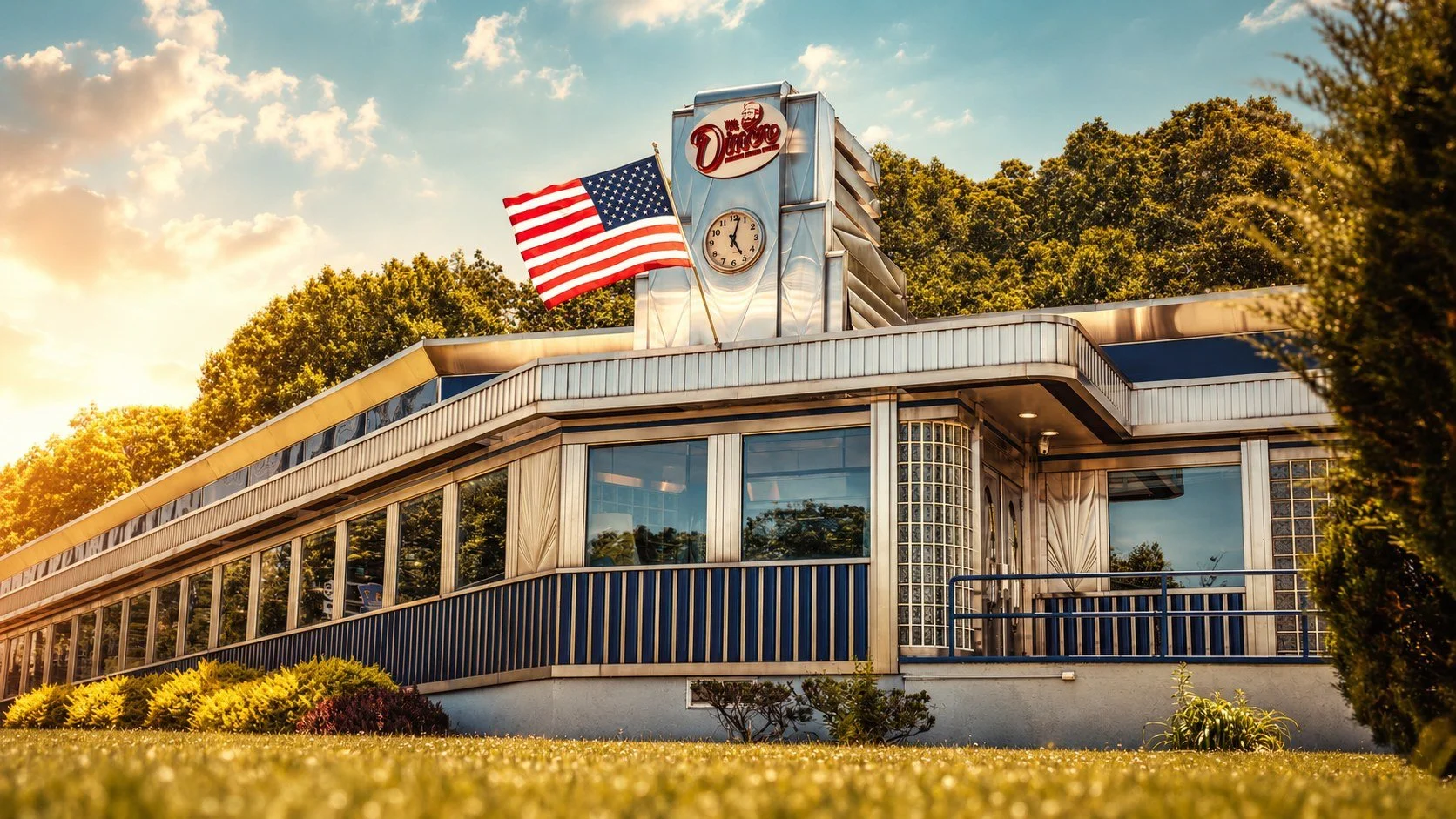 The Diner at golden hour, a classic chrome-and-glass diner on Route 202 in Pomona, NY