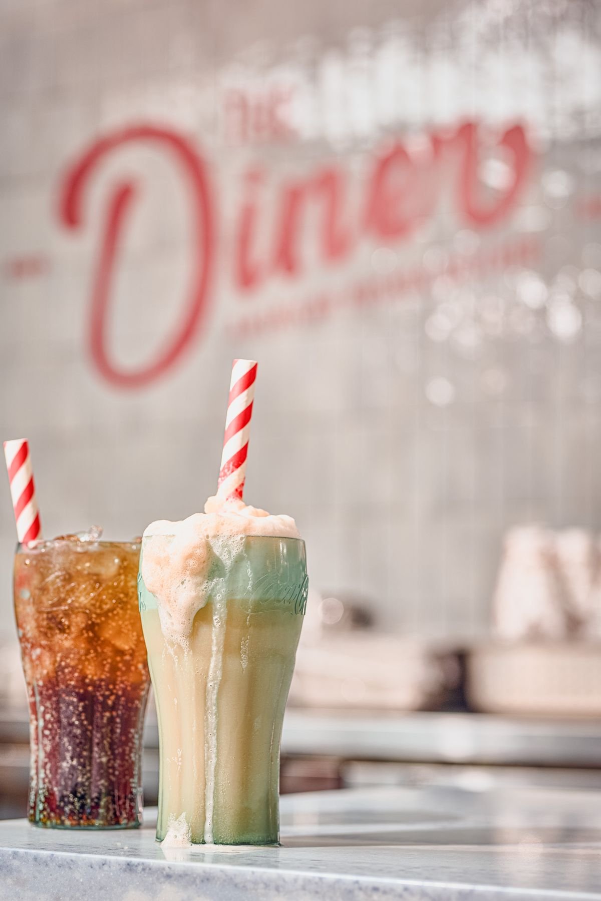 Milkshakes in front of the Diner sign