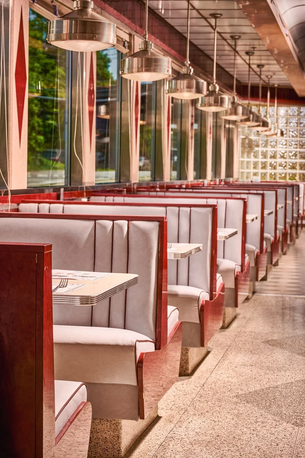 A row of red booths