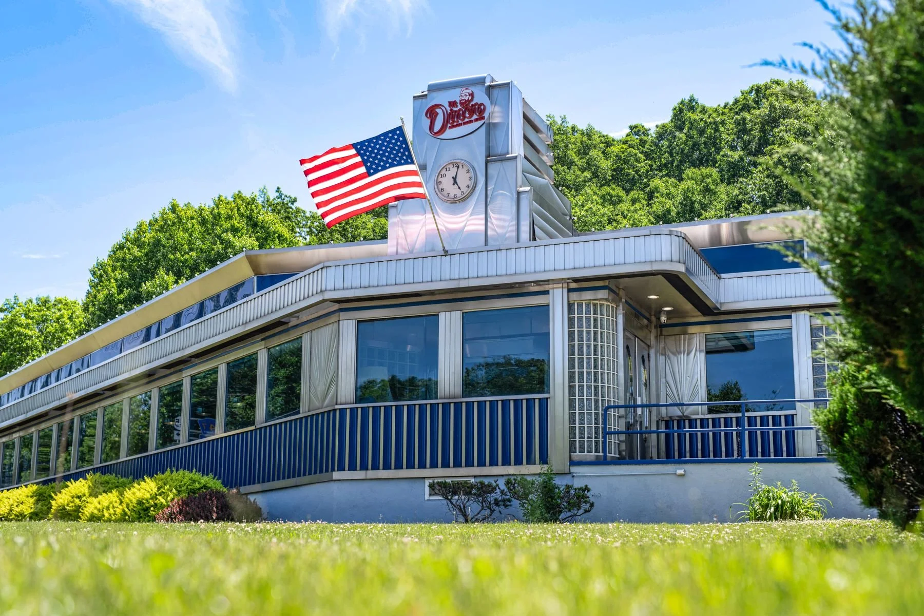 The Diner exterior with the American flag