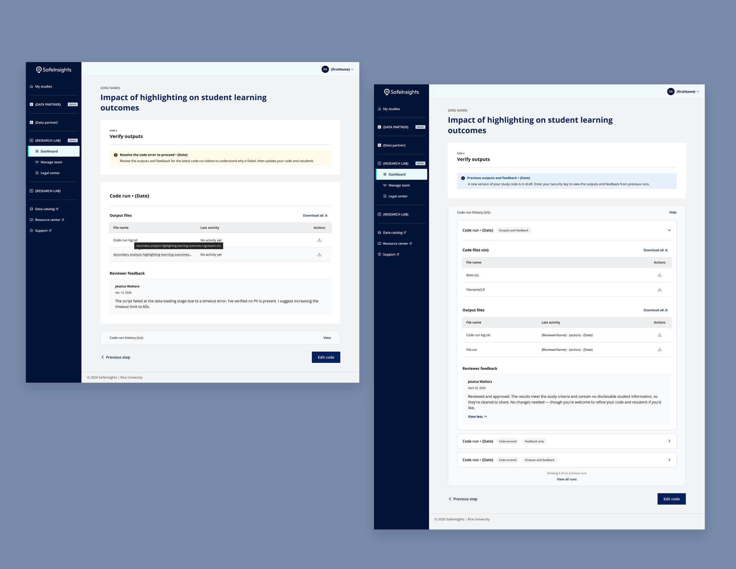 Outputs page — results, reviewer feedback, and resubmission notes for each code version