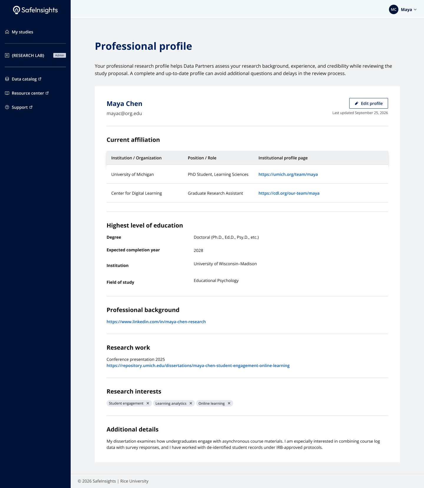 Researcher profile screen — view mode