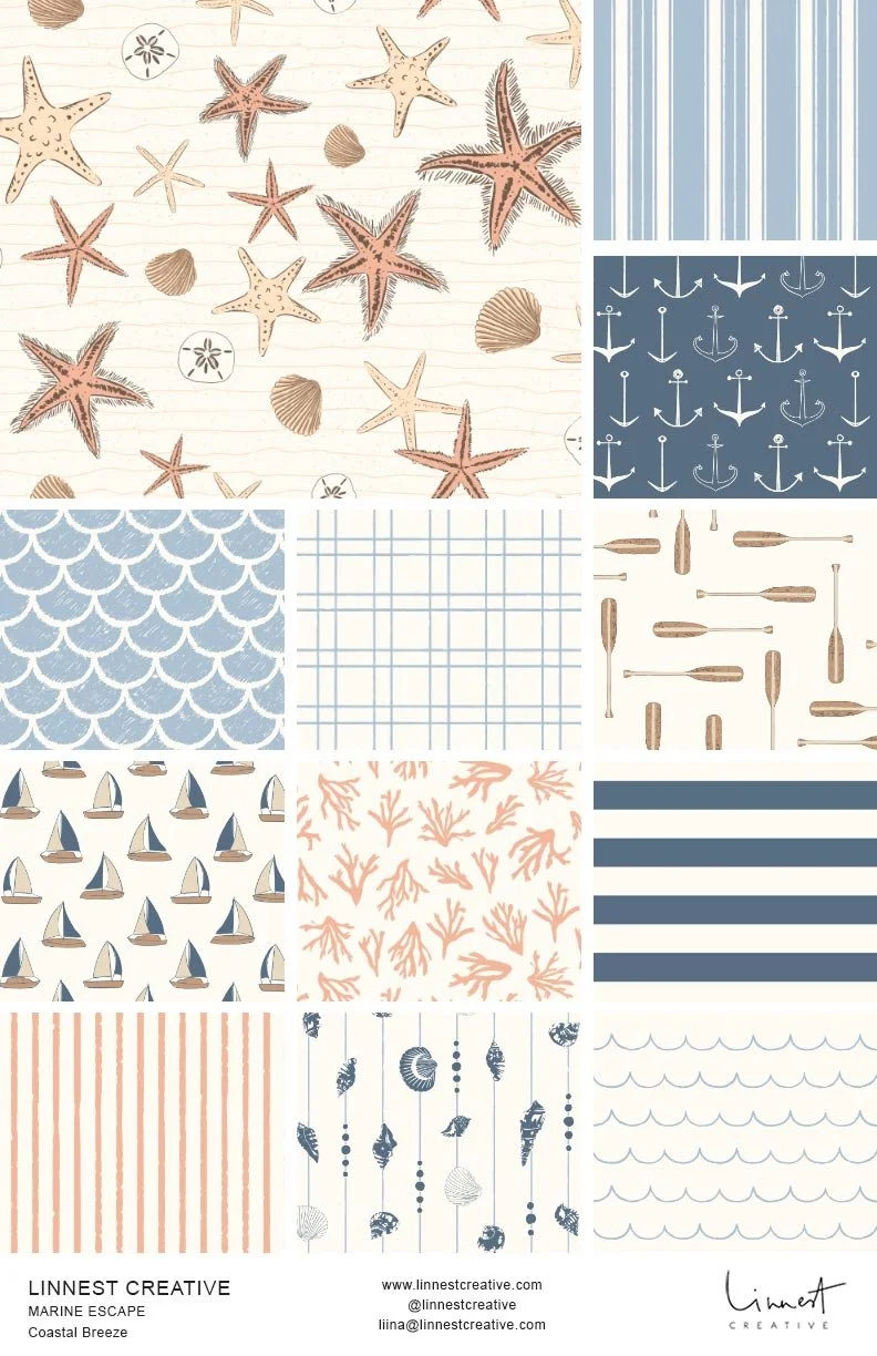 Coastal nautical seamless pattern collection featuring hand-drawn starfish, seashells, anchors, sailboats, coral, paddles, ocean waves and stripes in soft blue, navy, beige and coral.