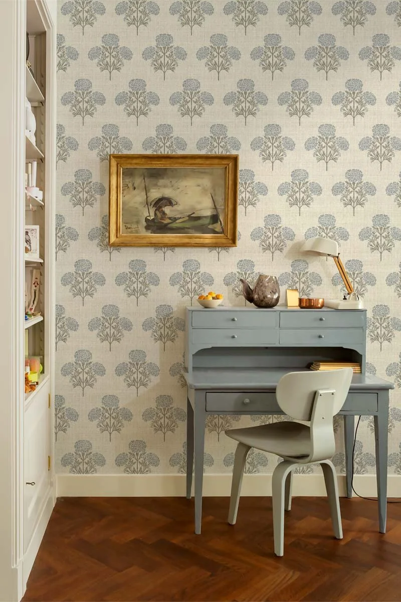 Marigold botanical wallpaper styled in a living room