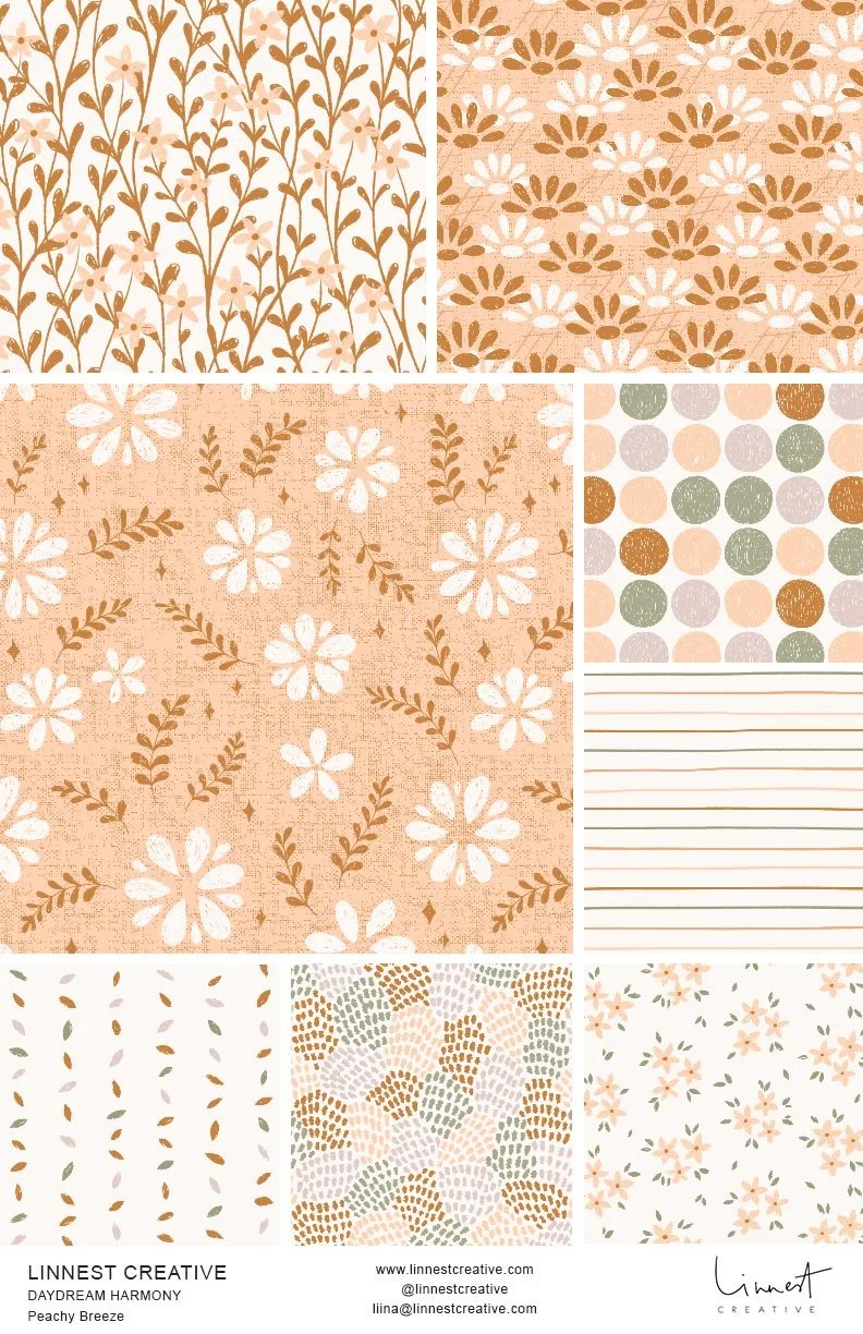 Peachy Breeze colorway from the Daydream Harmony seamless floral pattern collection, featuring soft peach tones for fabric and children’s products.