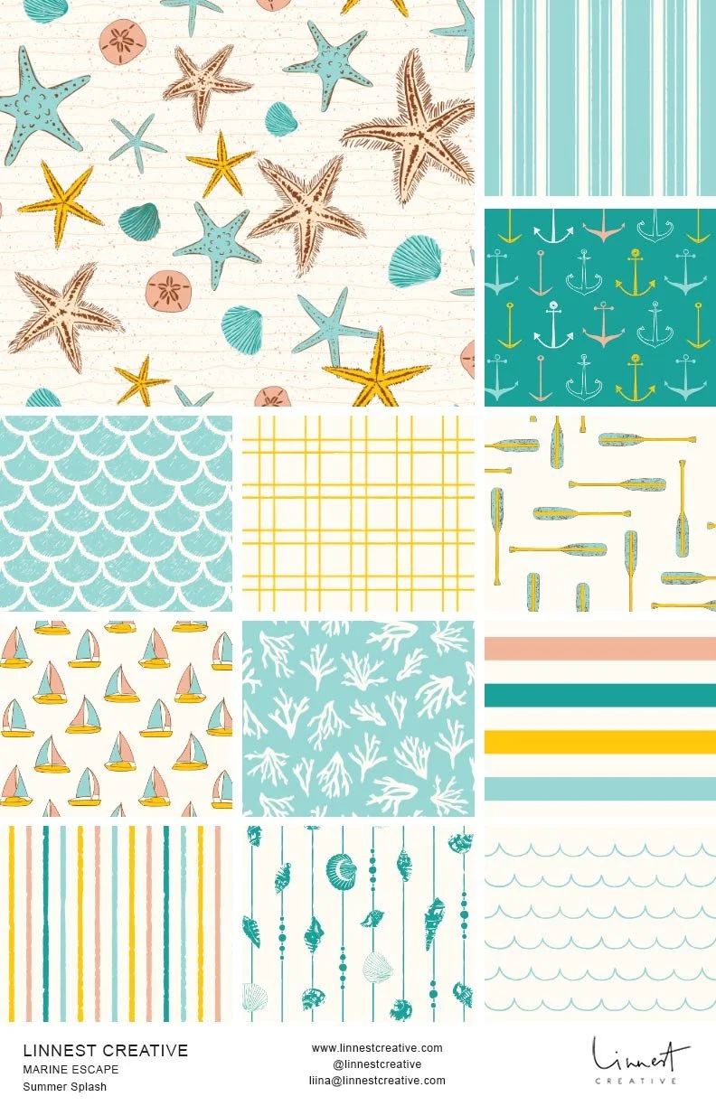 Colorful coastal summer seamless pattern collection featuring hand-drawn starfish, seashells, anchors, sailboats, coral, paddles, ocean waves and stripes in aqua, turquoise, peach and sunny yellow.