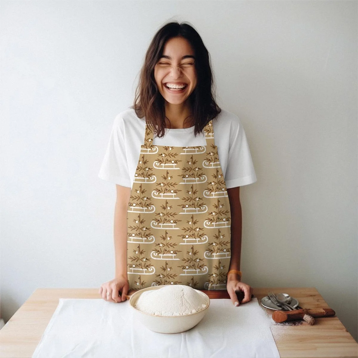 Soft and earthy Pastel Boho Christmas pattern featured on a festive apron.