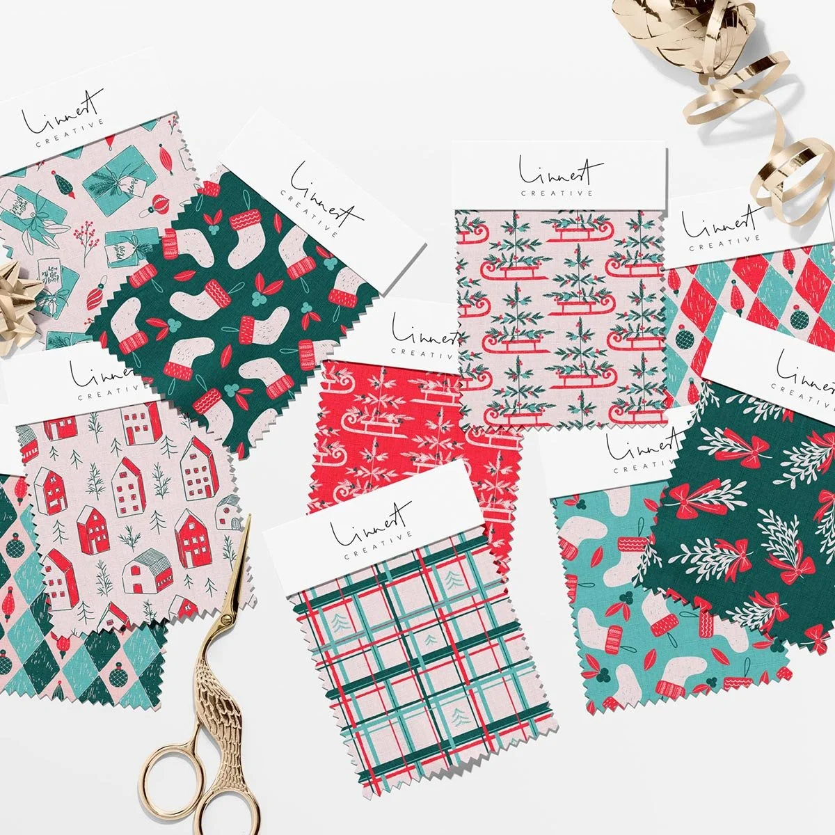 Coordinating festive Christmas seamless pattern designs for holiday fabric, children’s apparel, wrapping paper and seasonal products.
